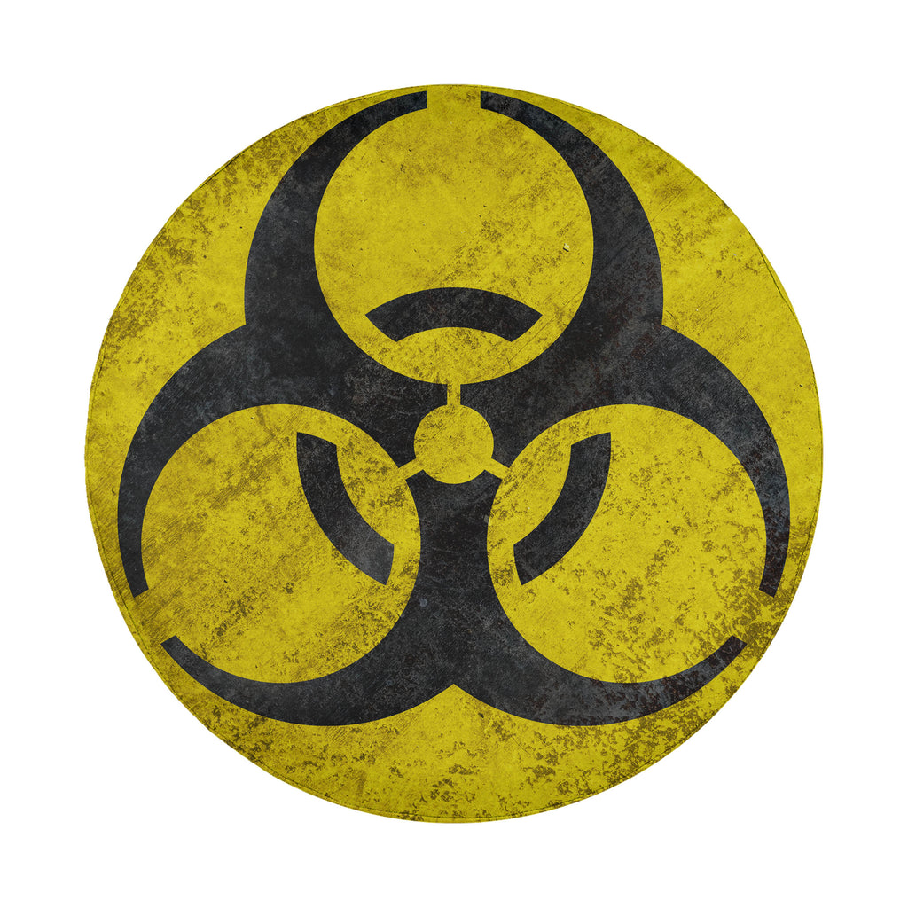 A circular biohazard symbol with a yellow background and black outline.