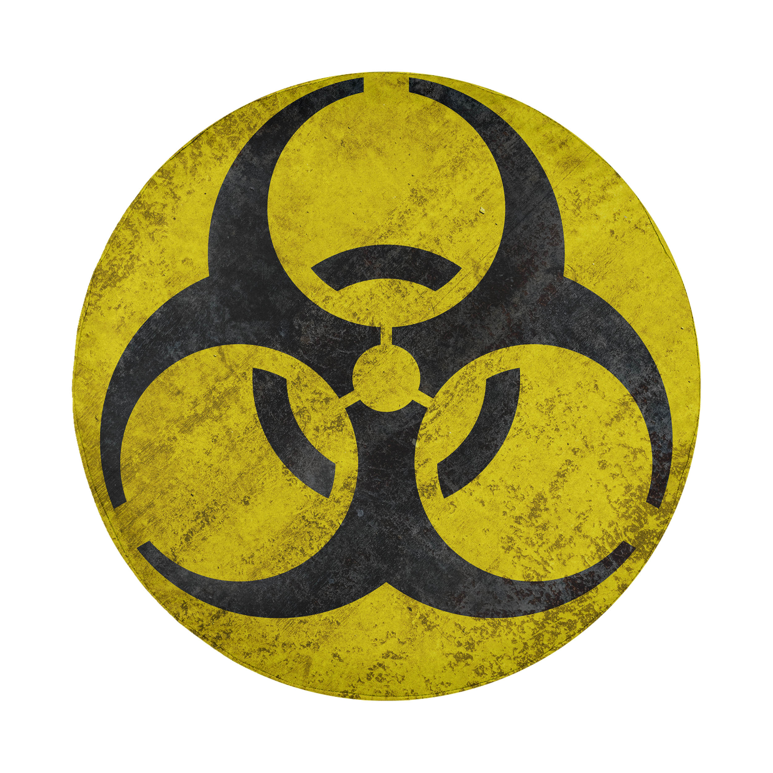 A circular biohazard symbol with a yellow background and black outline.