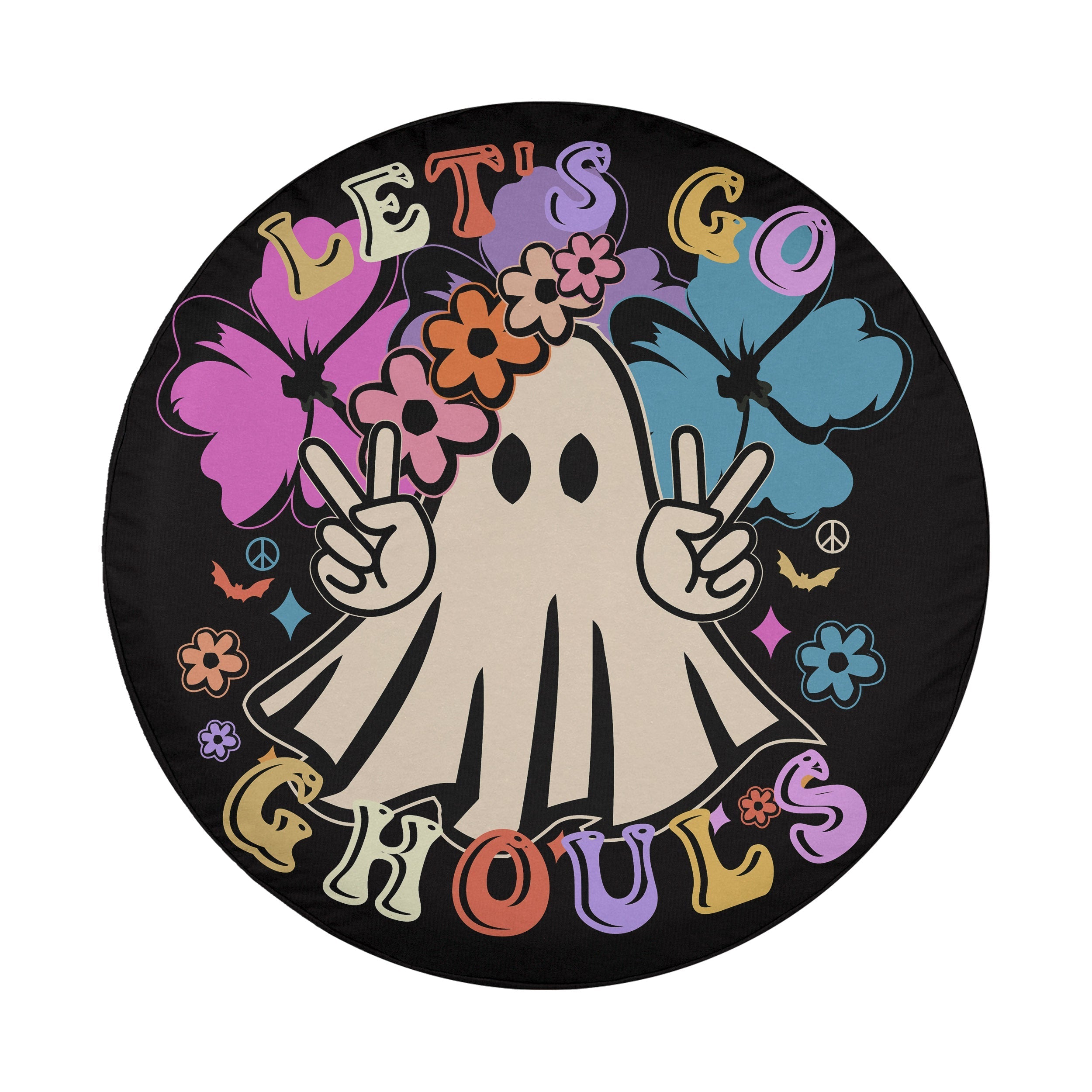 A circular design featuring a ghost with peace signs, surrounded by colorful flowers and the text "LET'S GO Ghouls".