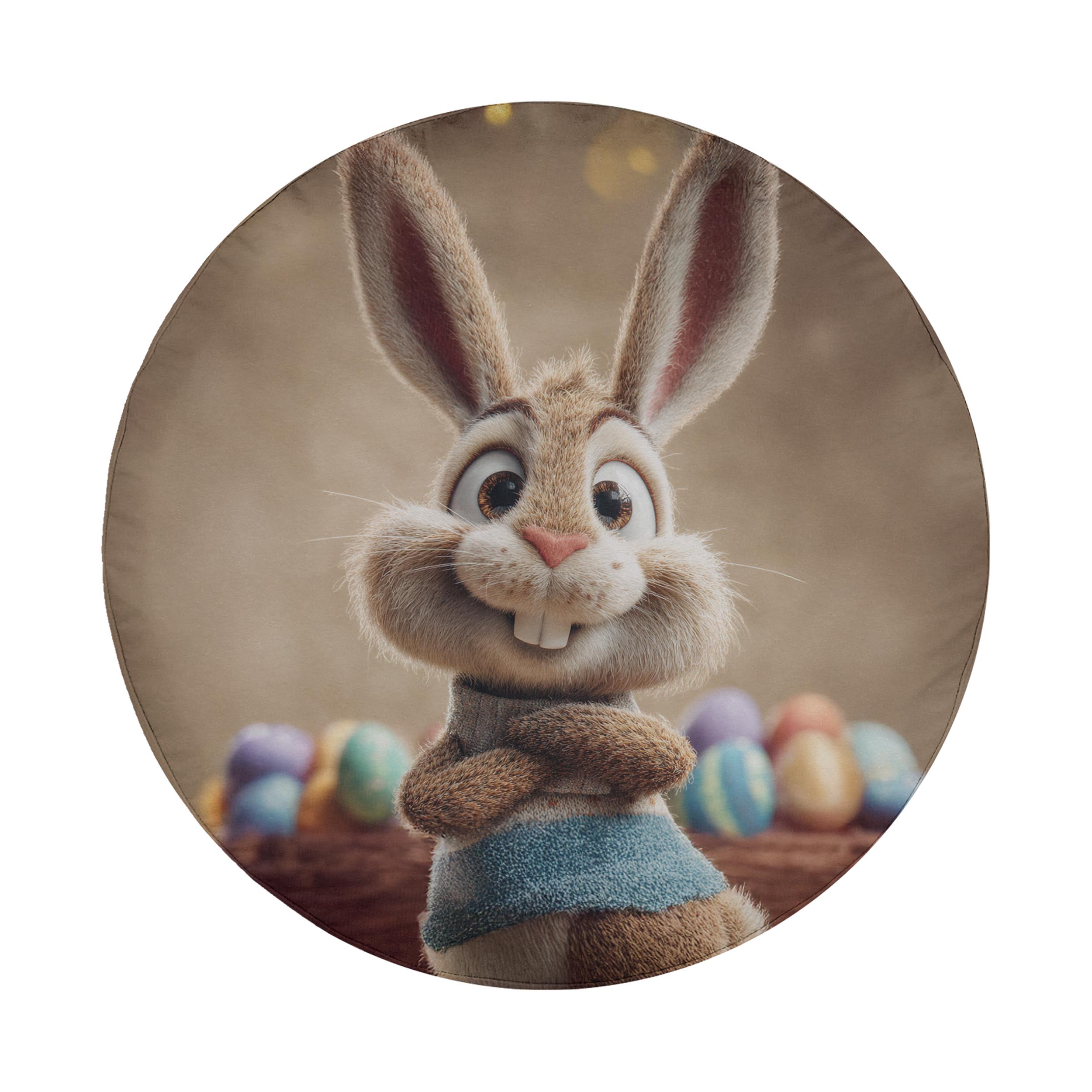 A cartoon rabbit with a smiling expression, wearing a blue sweater, is the main focus of the image.