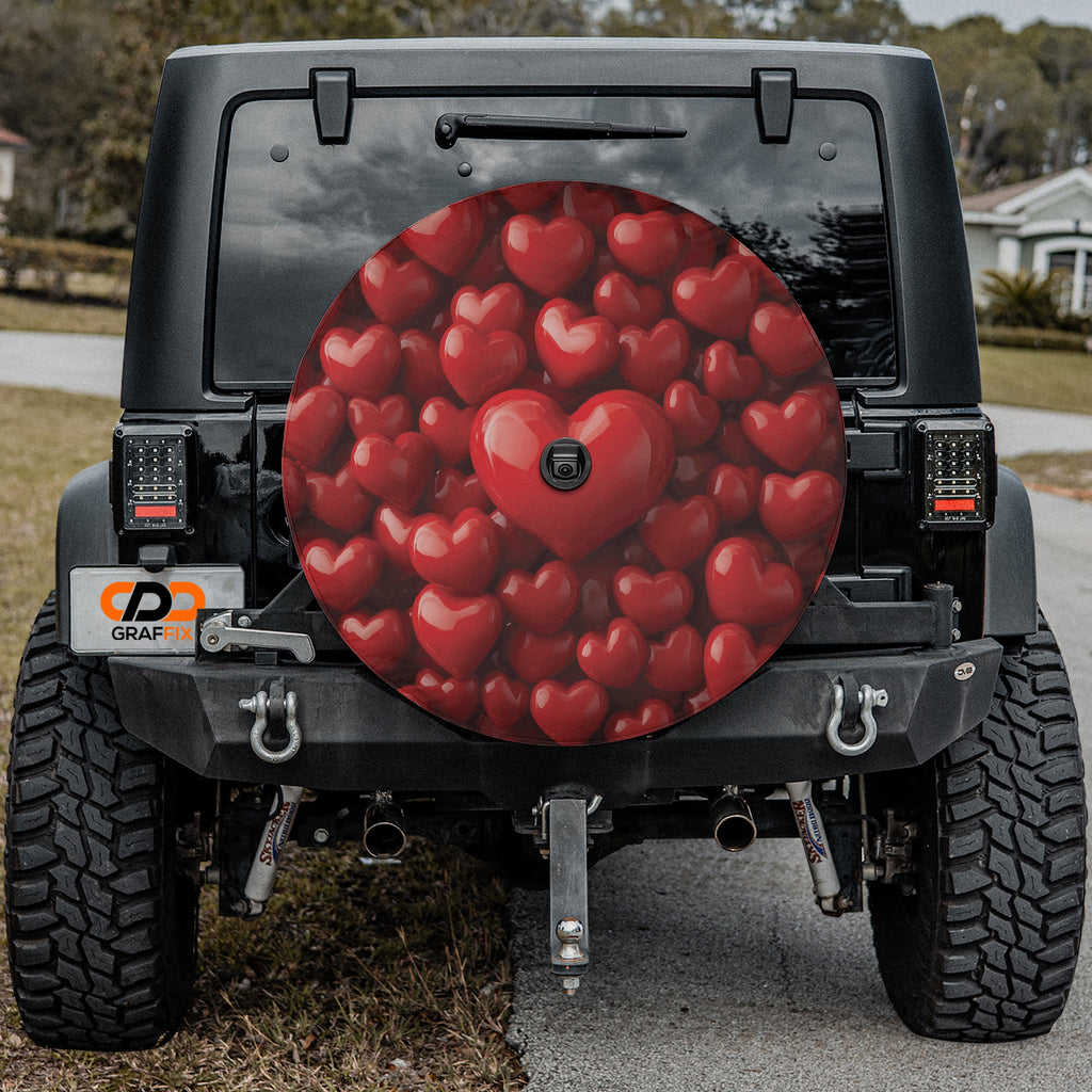 Candy Heart Cover spare tire cover detail view of layered red candy heart graphic pattern