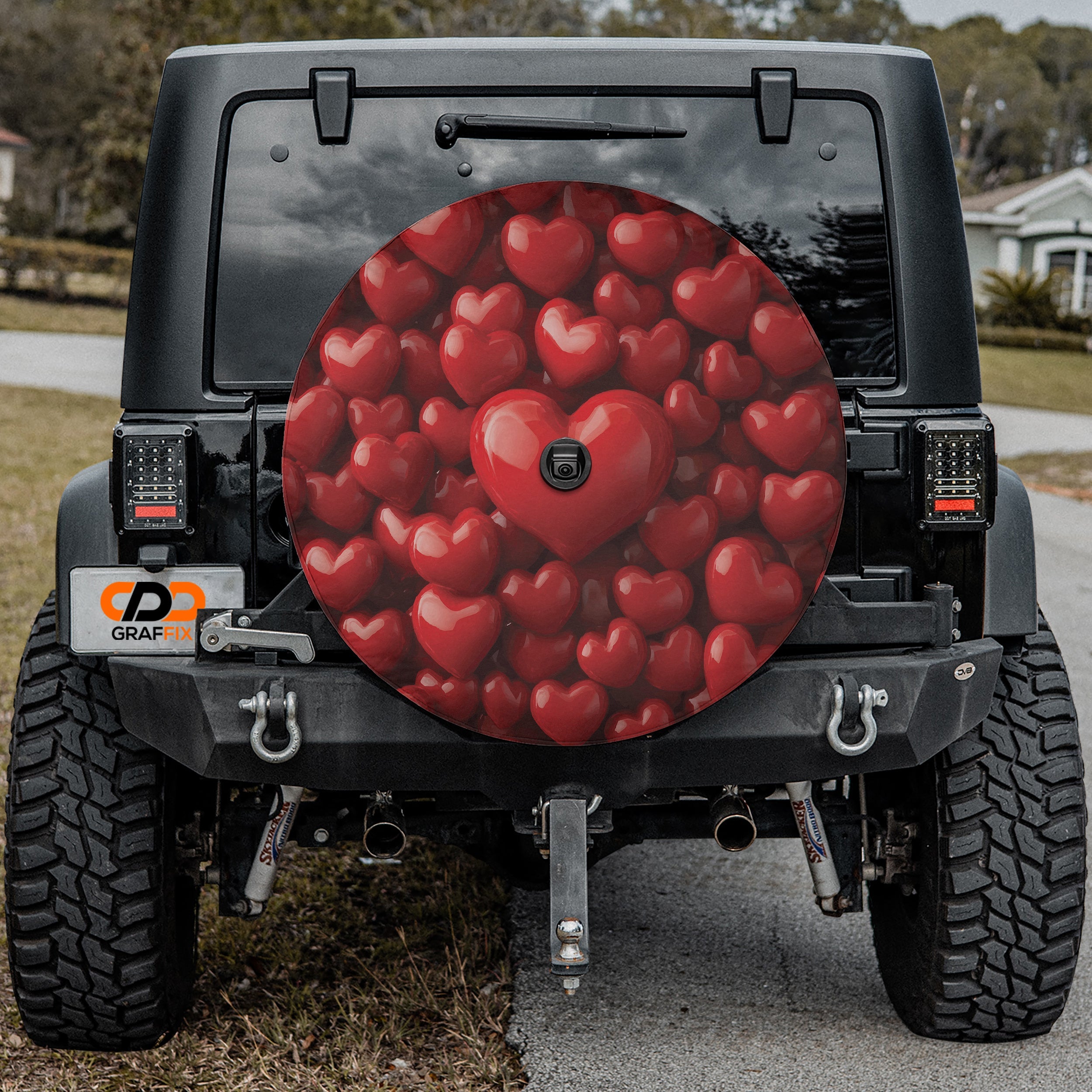 Candy Heart Cover spare tire cover detail view of layered red candy heart graphic pattern