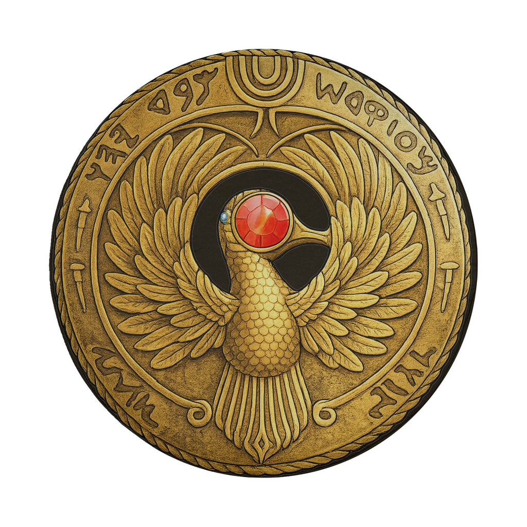 a golden emblem with a bird-like design and a red gemstone at its center.