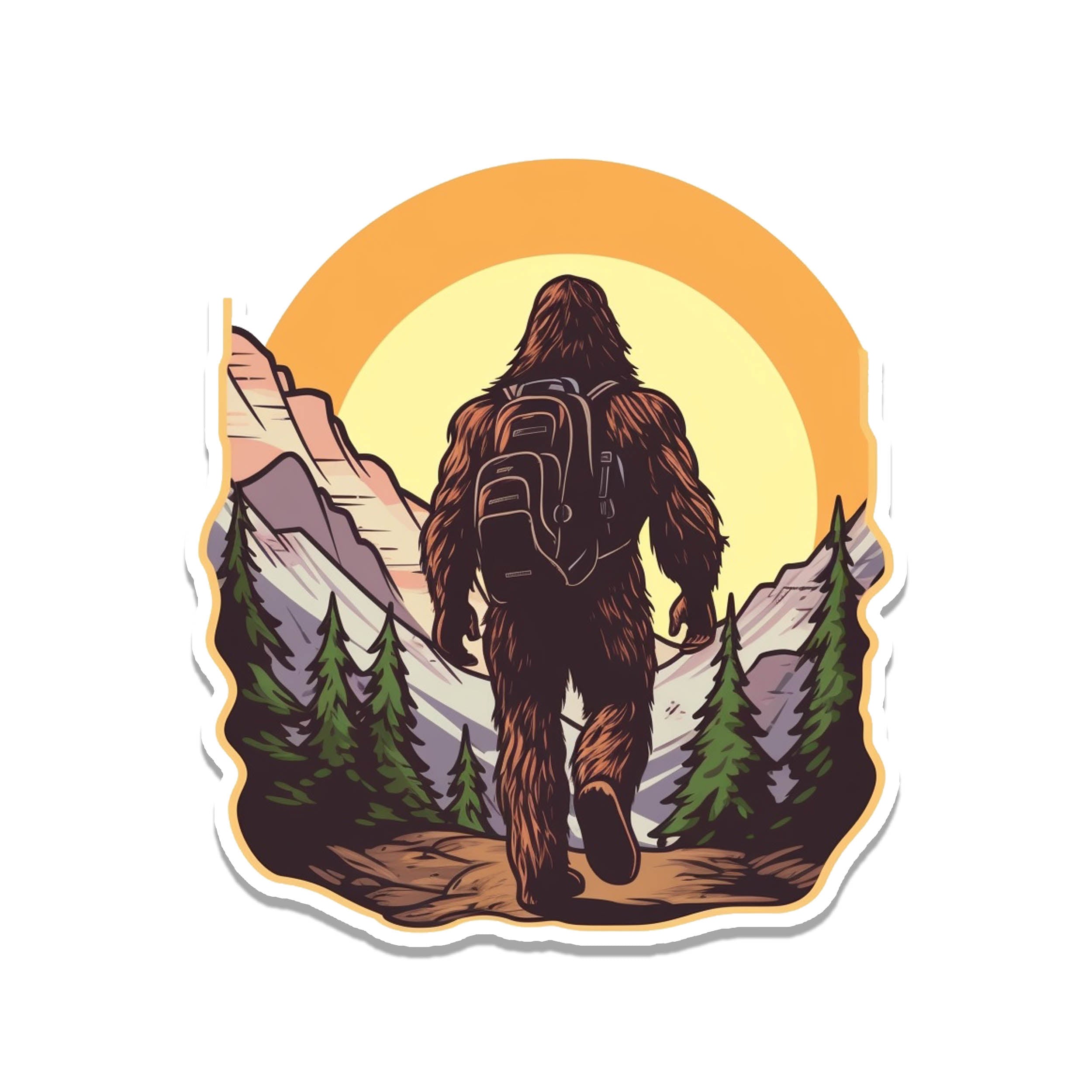 Bigfoot from behind wearing a backpack hiking into yellow sunrise mountains with green pines lining the trail
