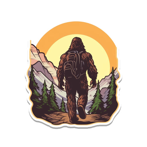 Bigfoot from behind wearing a backpack hiking into yellow sunrise mountains with green pines lining the trail