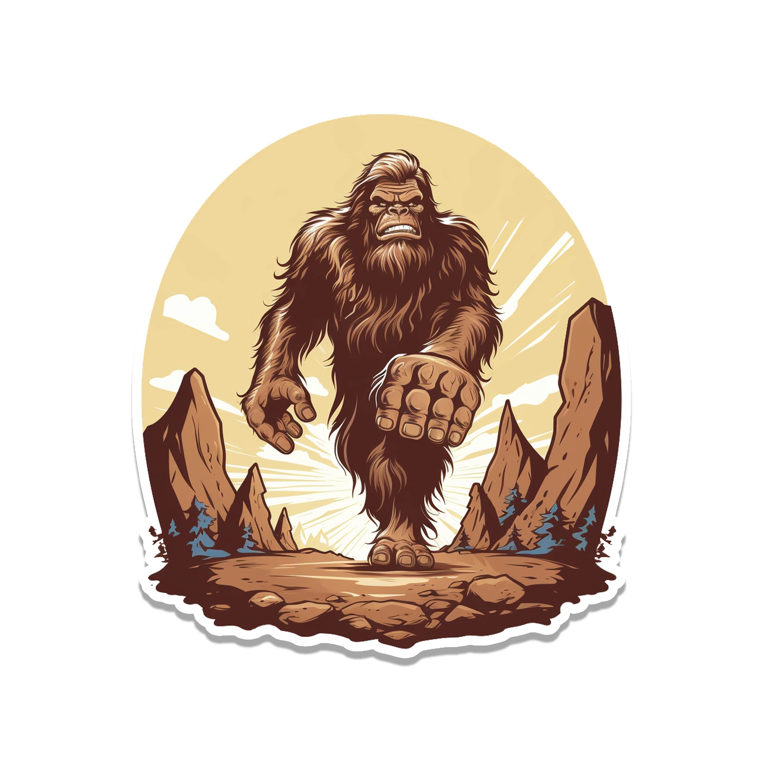 Brown Bigfoot striding over rocky terrain with sunrise rays and craggy mountain spires in vintage sketch style