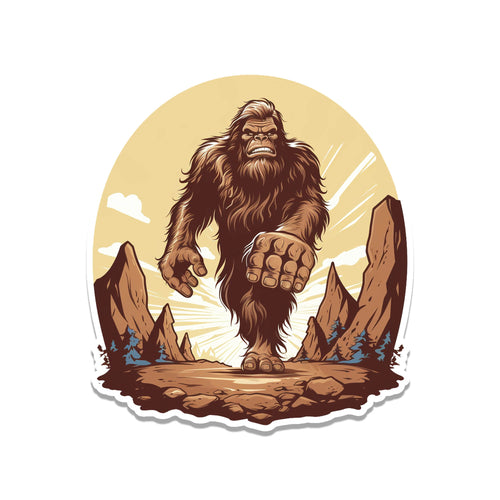 Brown Bigfoot striding over rocky terrain with sunrise rays and craggy mountain spires in vintage sketch style