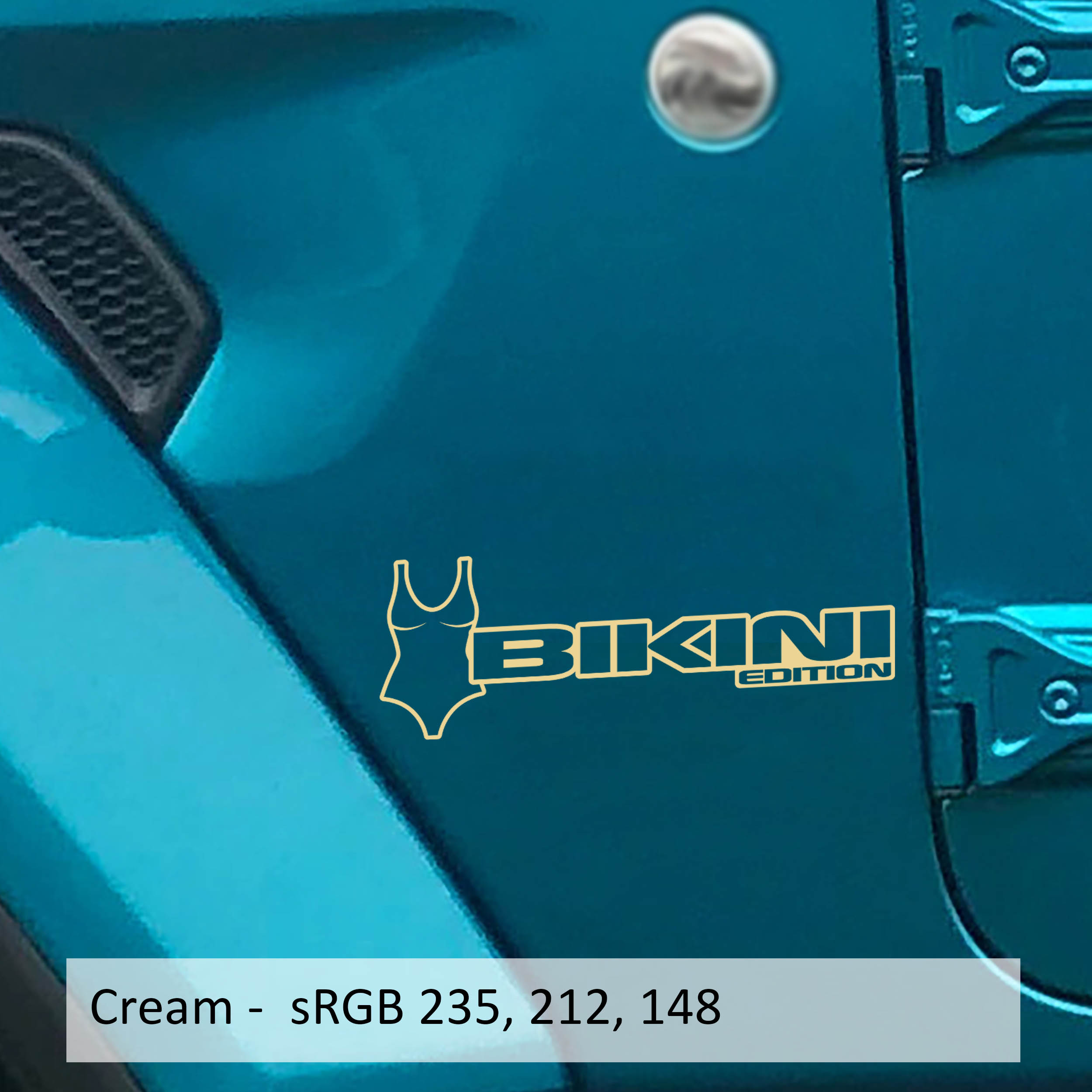 Cream Bikini Pearl Edition bikini fender decal pair on Jeep Wrangler JL Gladiator JT side hood