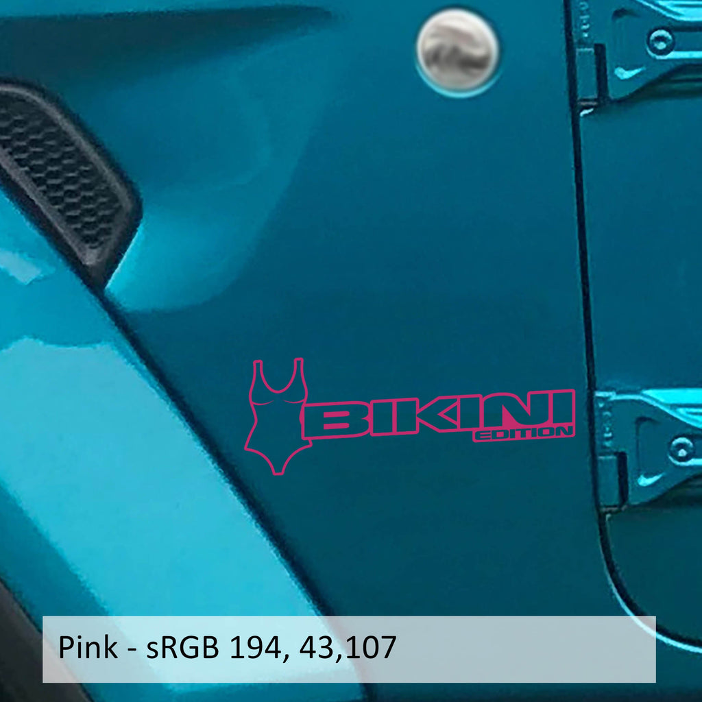 Pink Bikini Pearl Edition bikini fender decal pair installed on Jeep Wrangler JL Gladiator JT cowl