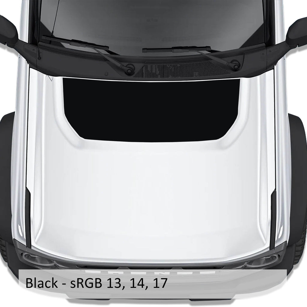 Solid black blackout hood vinyl decal shown installed on white Ford Bronco 2021 plus model