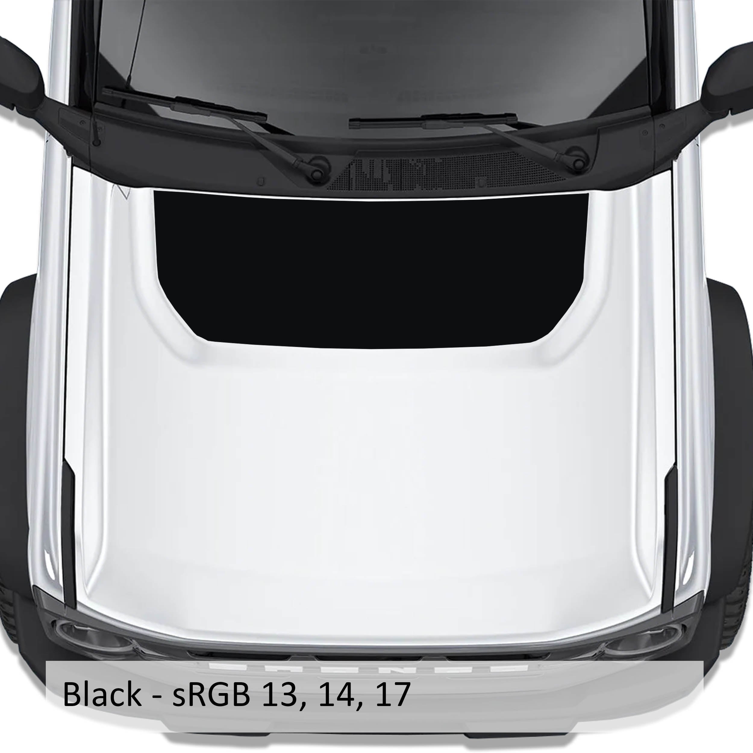 Solid black blackout hood vinyl decal shown installed on white Ford Bronco 2021 plus model