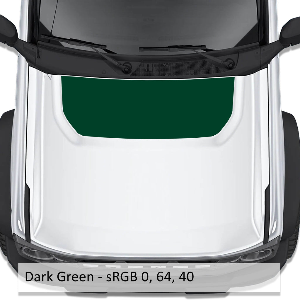 Dark green solid blackout hood vinyl decal shown installed on white Ford Bronco 2021 plus hood