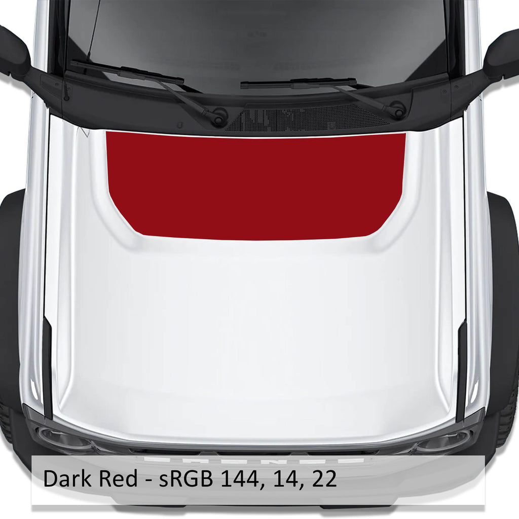 Topographical blackout hood vinyl decal in dark red shown installed on the hood of a 2021+ Ford Bronco