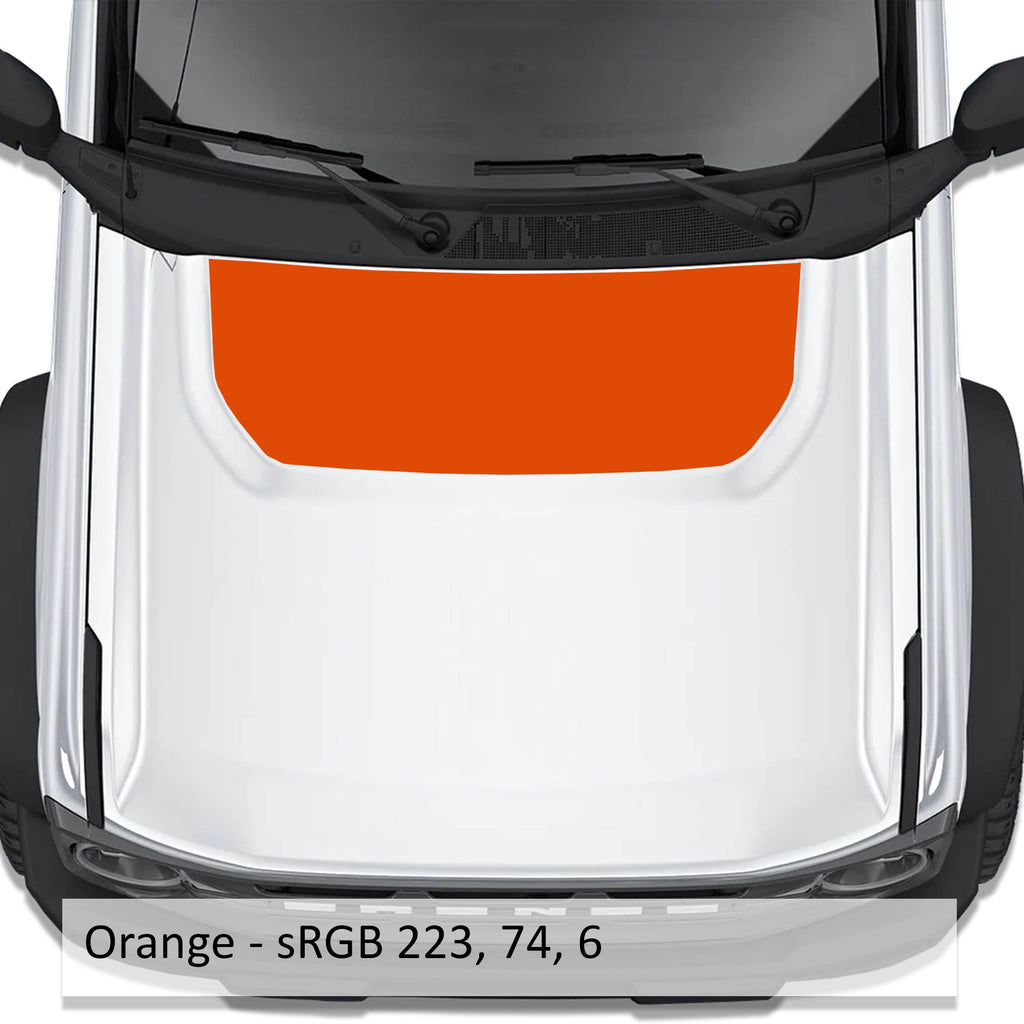 Orange solid blackout hood vinyl decal shown installed on white Ford Bronco 2021 plus hood