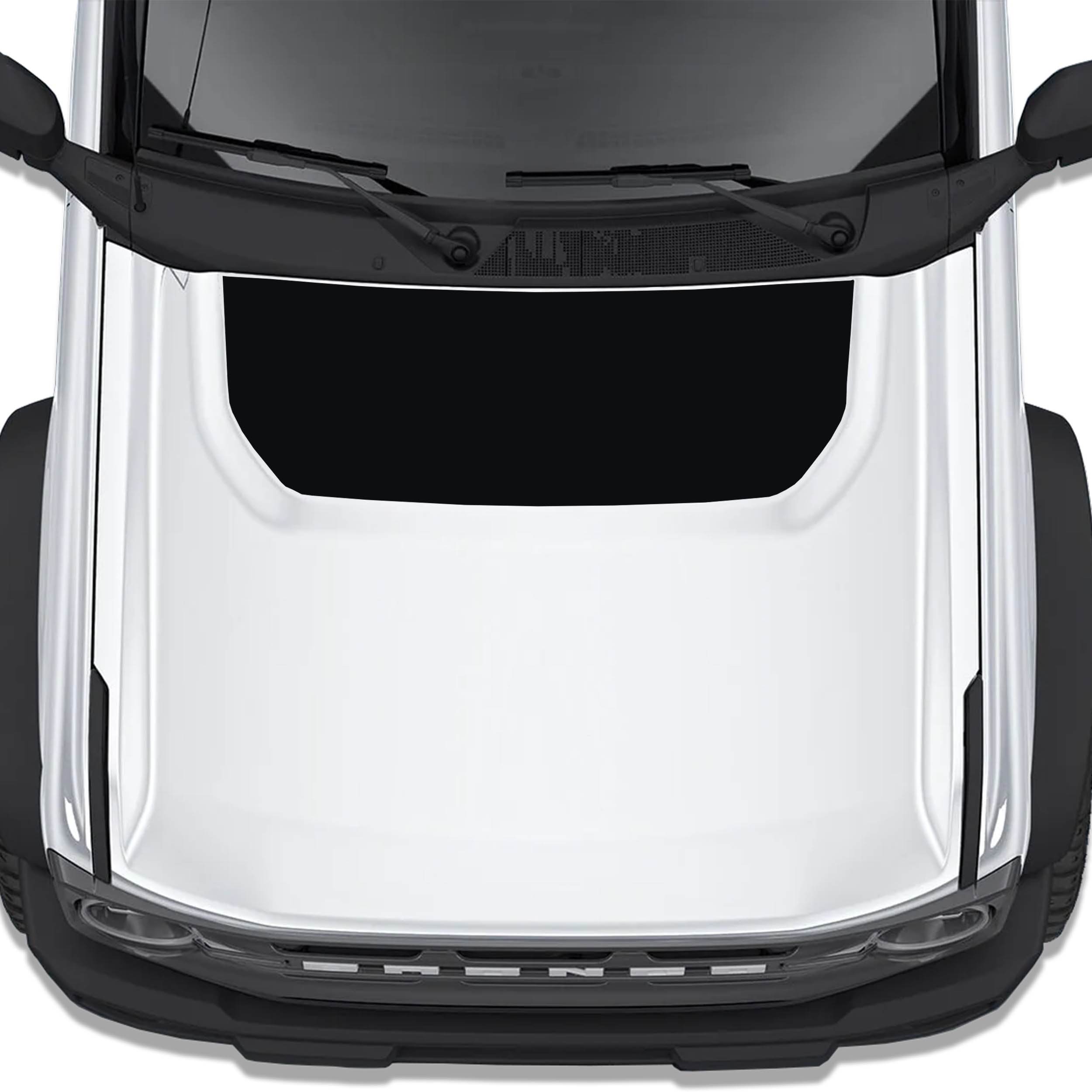Solid black blackout hood decal shown installed on white Ford Bronco hood top down overhead view