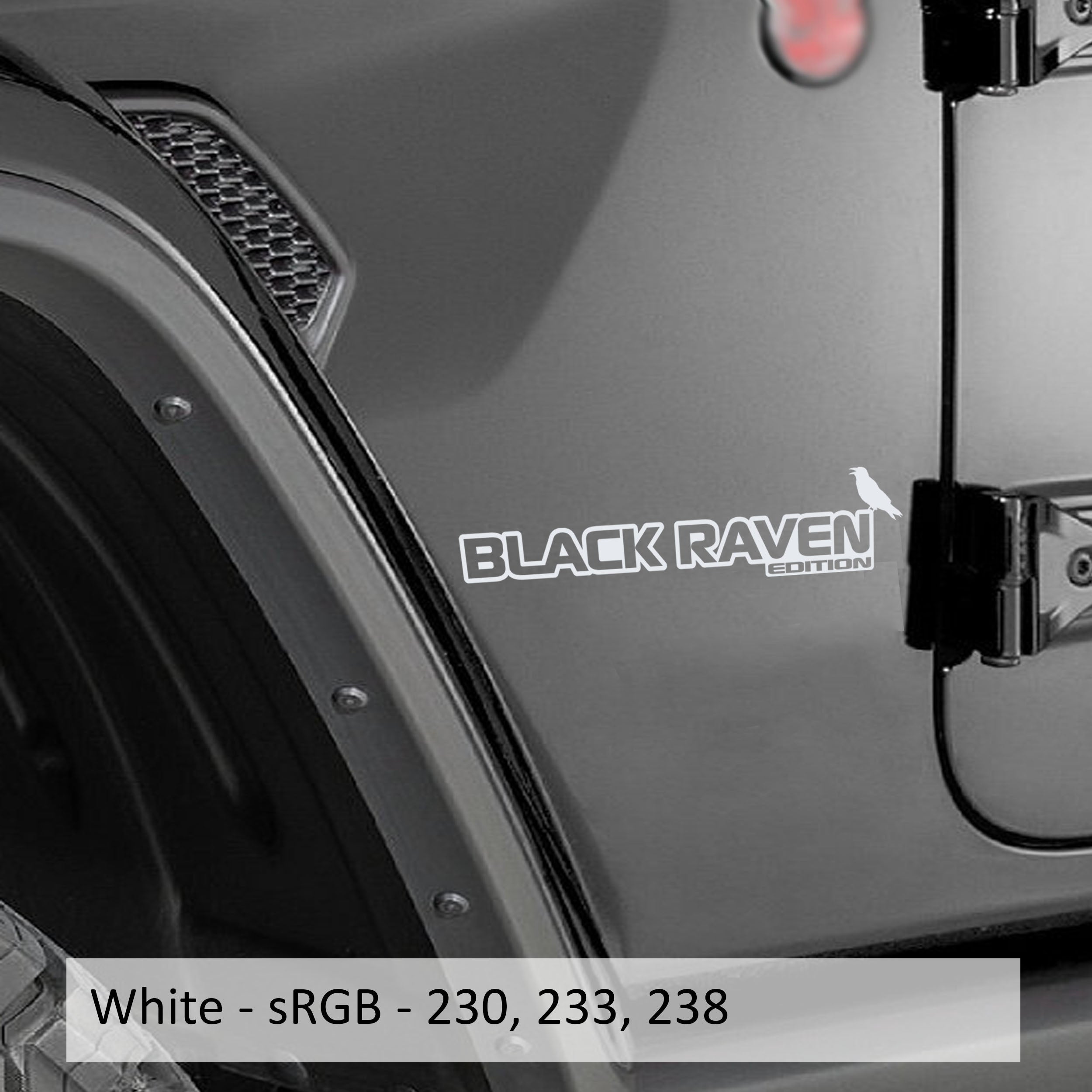 Black Raven Edition Wrangler JK JL Gladiator JT fender decal pair pictured in bright white vinyl