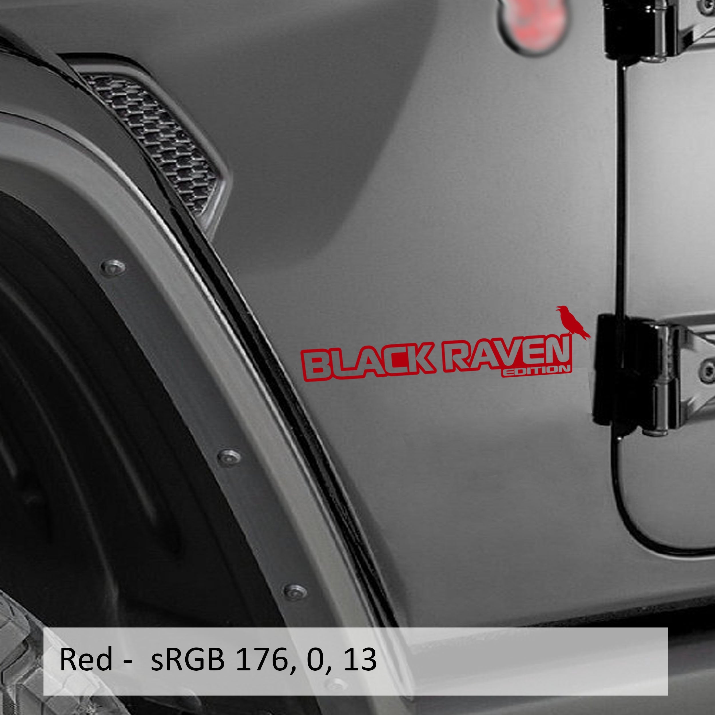 Black Raven Edition Wrangler JK JL Gladiator JT fender decal pair pictured in bright red vinyl