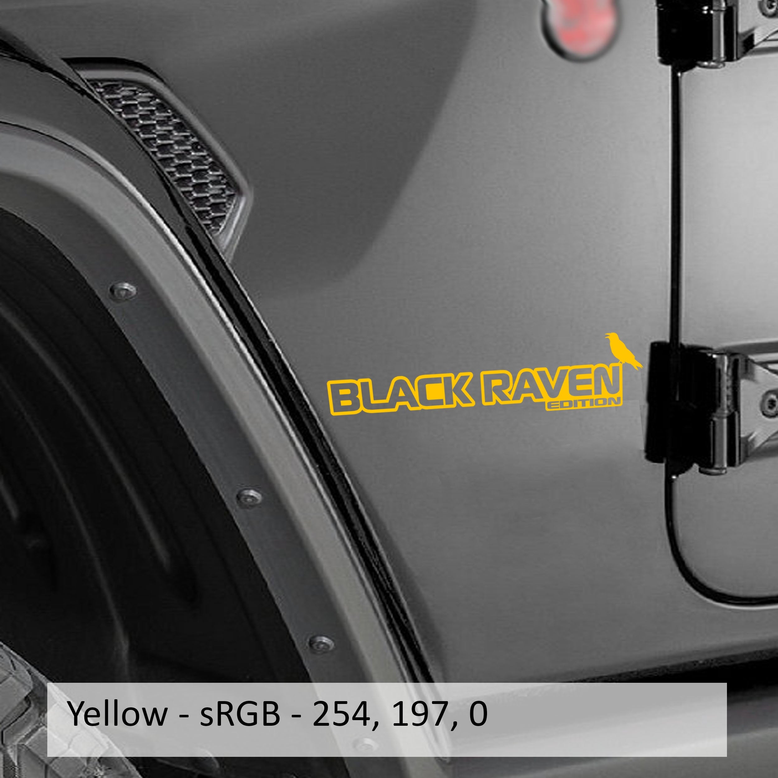 Black Raven Edition Wrangler JK JL Gladiator JT fender decal pair pictured in golden yellow vinyl