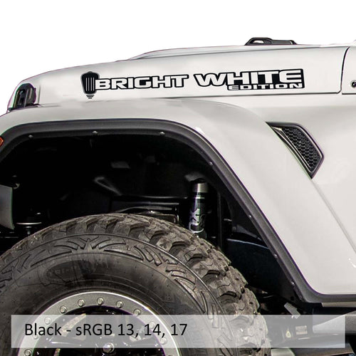 Bright White Edition Jeep hood decal pair in matte black vinyl displayed on a clean white photo background