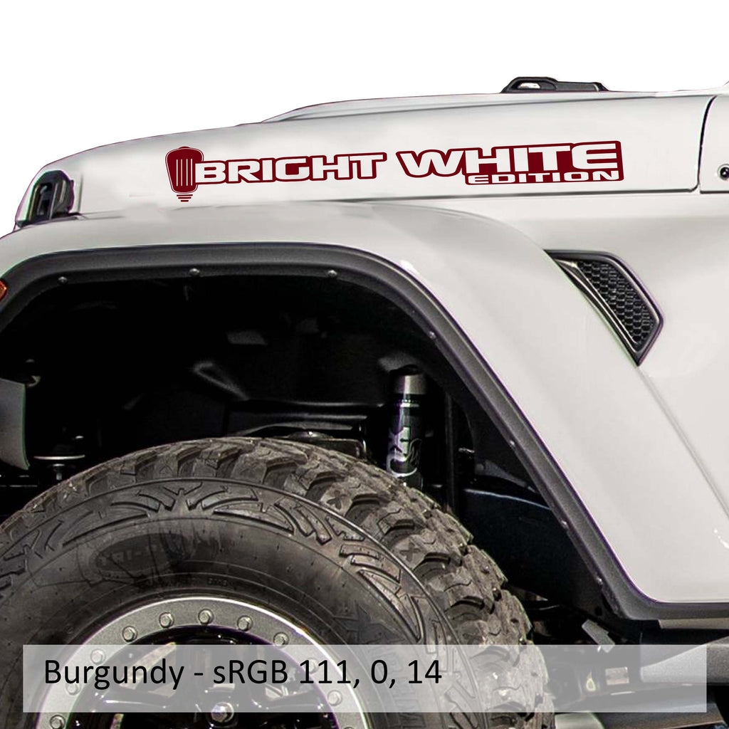 Bright White Edition Jeep hood decal pair shown in deep burgundy vinyl on a plain white studio backdrop