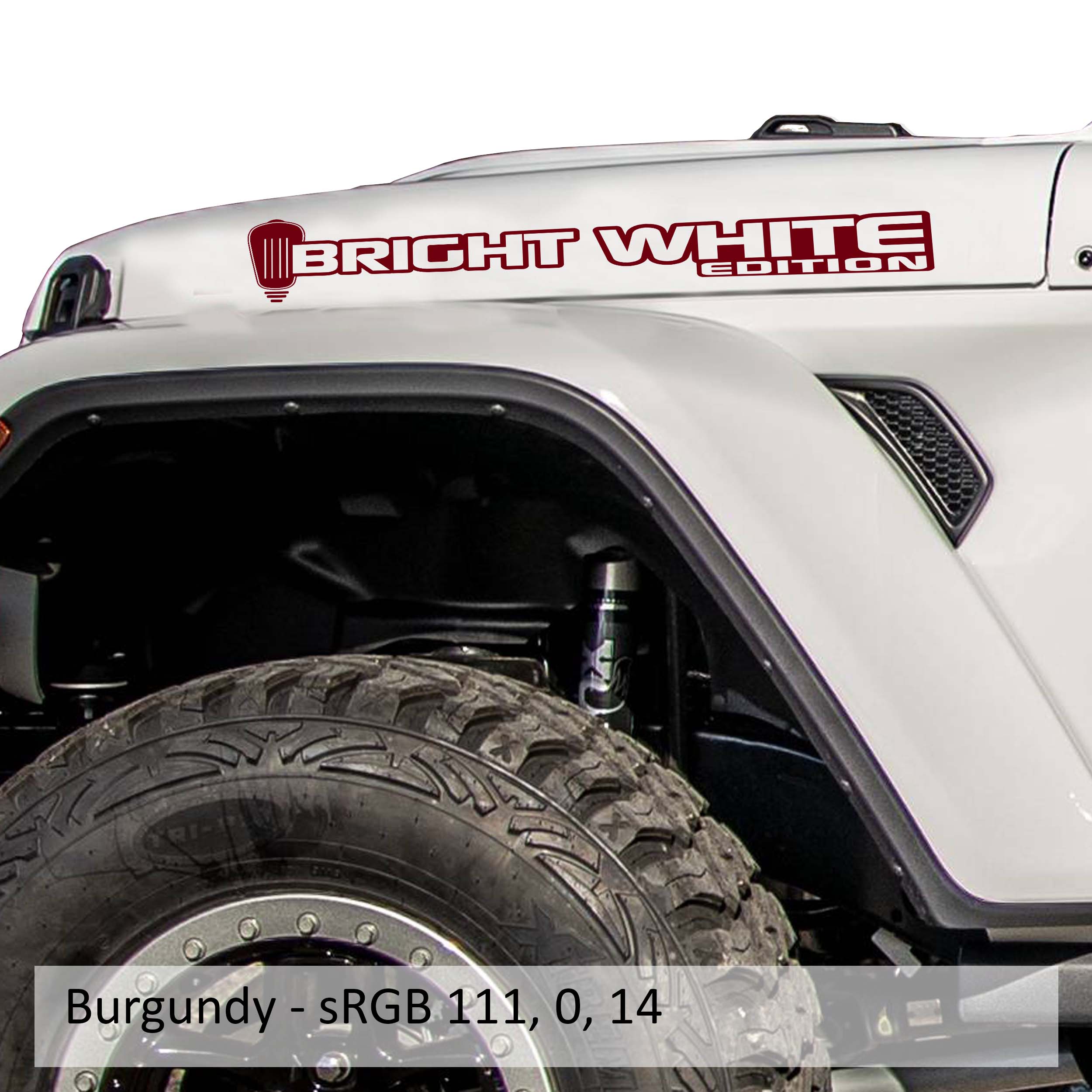 Bright White Edition Jeep hood decal pair shown in deep burgundy vinyl on a plain white studio backdrop