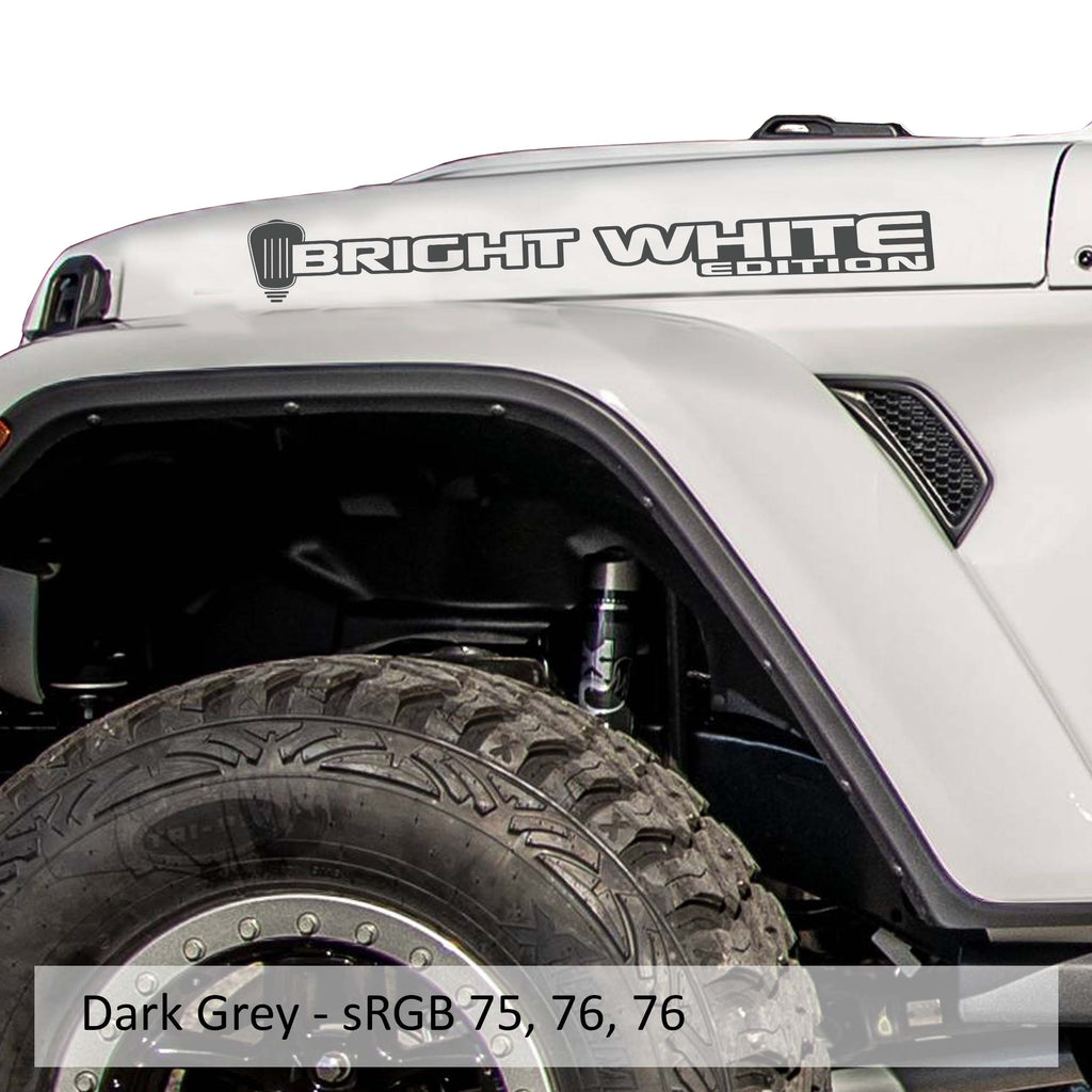 Bright White Edition Jeep hood decal pair rendered in dark gray vinyl on a white studio backdrop sample