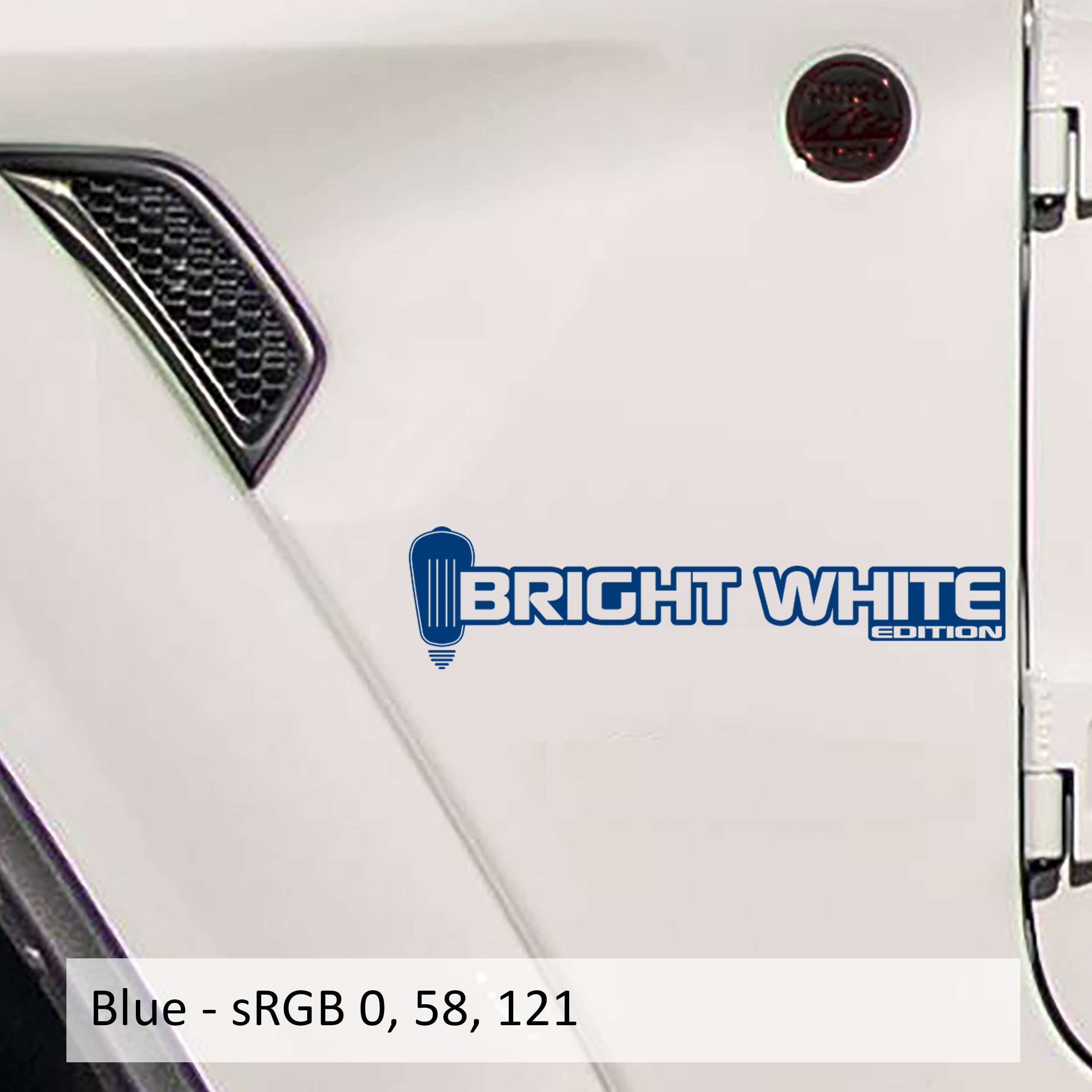 Blue Bright White Edition bulb fender decal pair shown on Jeep Wrangler JL Gladiator JT side hood