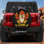 A red Jeep Wrangler with a large tire cover featuring a cartoon bird character making a peace sign with its fingers.
