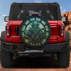 Cthulhu Rising stained glass tire cover flat artwork with green octopus deity in dark ornate cathedral window