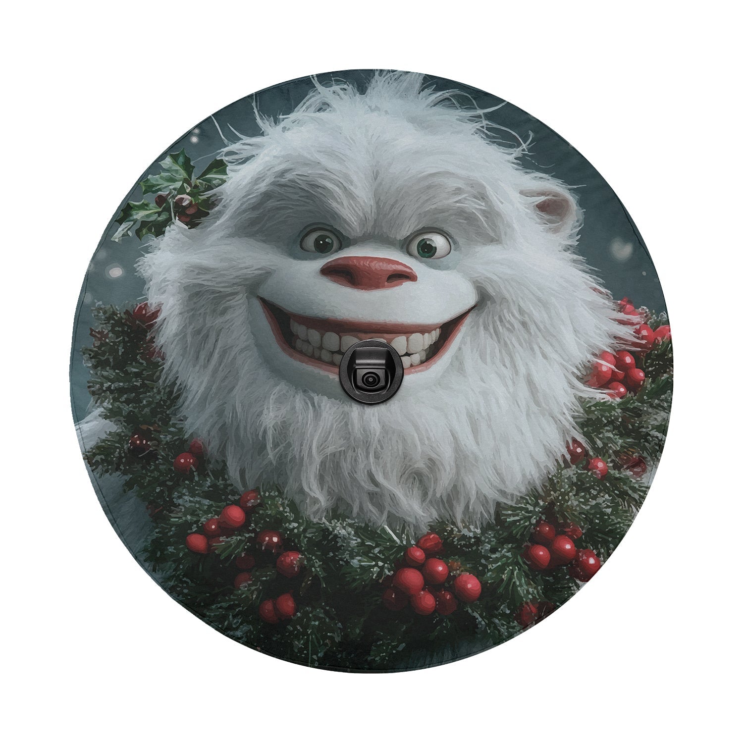 Flat round Christmas tire cover featuring a smiling yeti with red holly berry wreath collar
