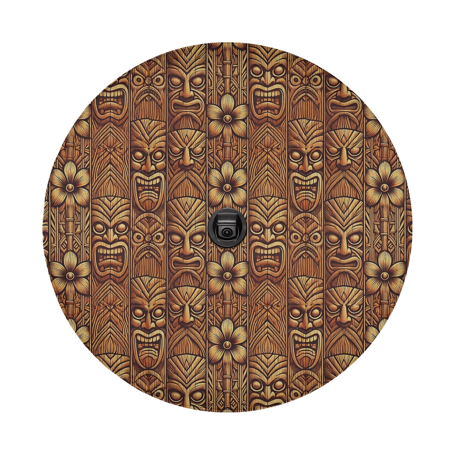 Tiki wood mask spare tire cover with carved Polynesian tiki faces and tropical flowers in warm brown tones