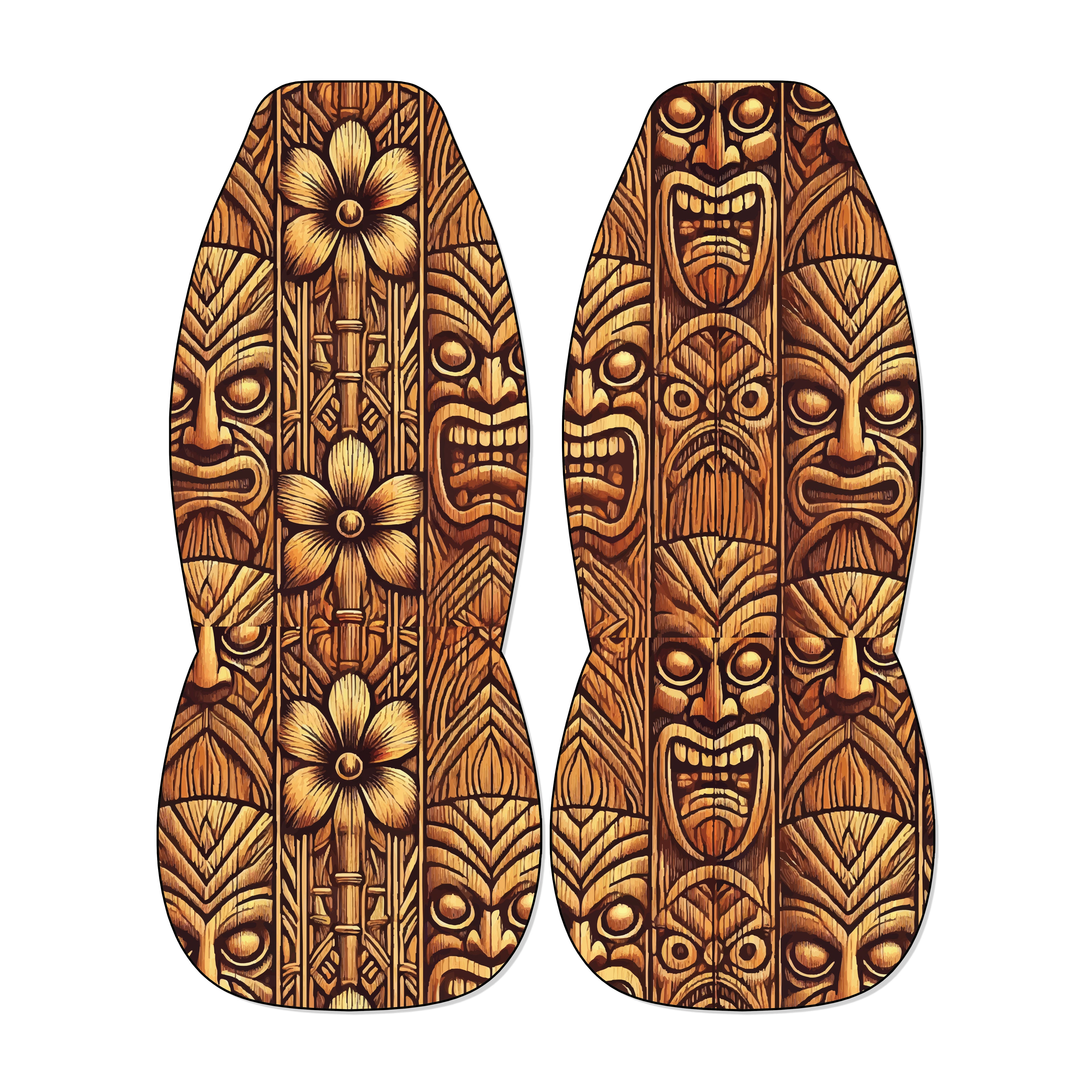 two tiki boards with intricate, colorful designs and patterns, including various facial expressions and floral elements.