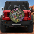 Faux embroidery wildflowers floral spare tire cover mounted on red Ford Bronco rear