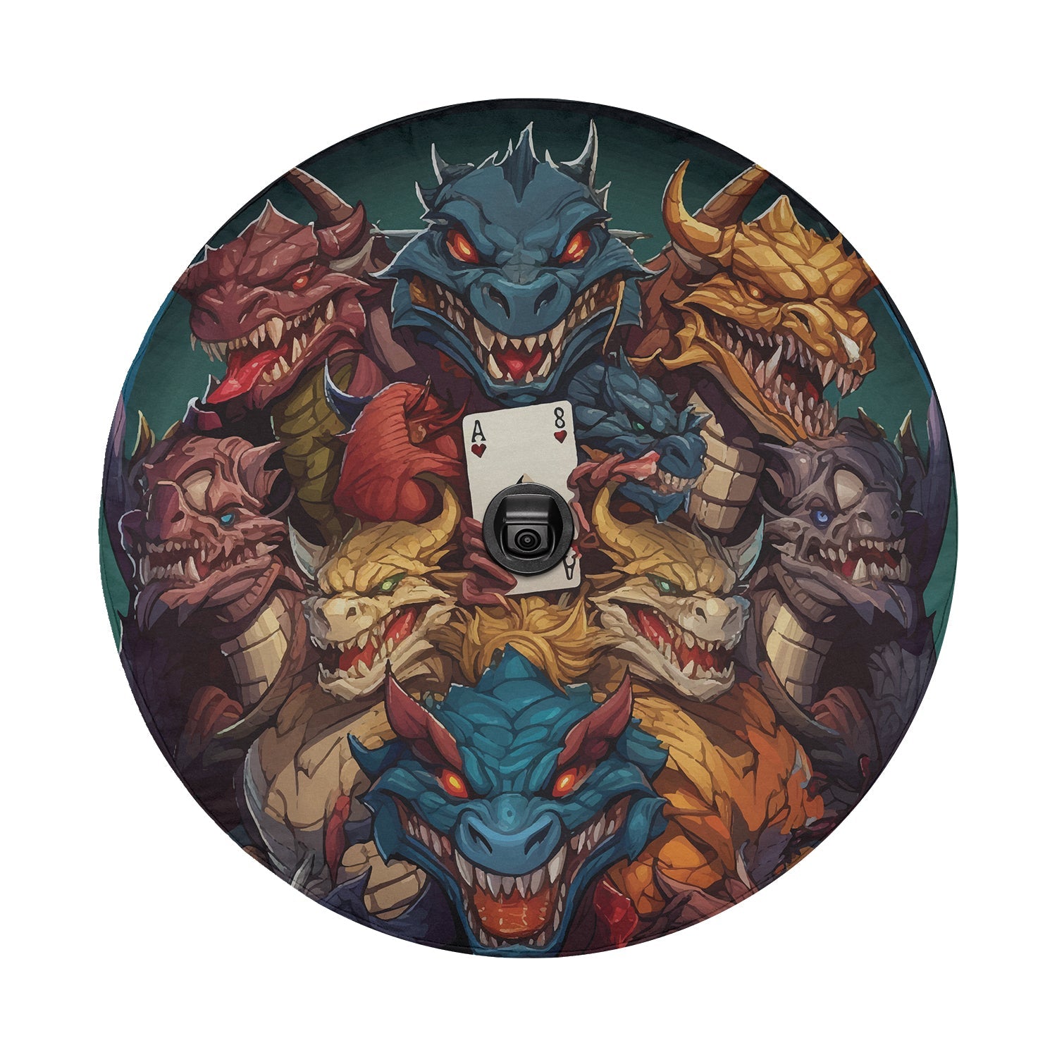 Closeup dragons ace mischief tire cover with backup camera cutout near the playing card centerpiece
