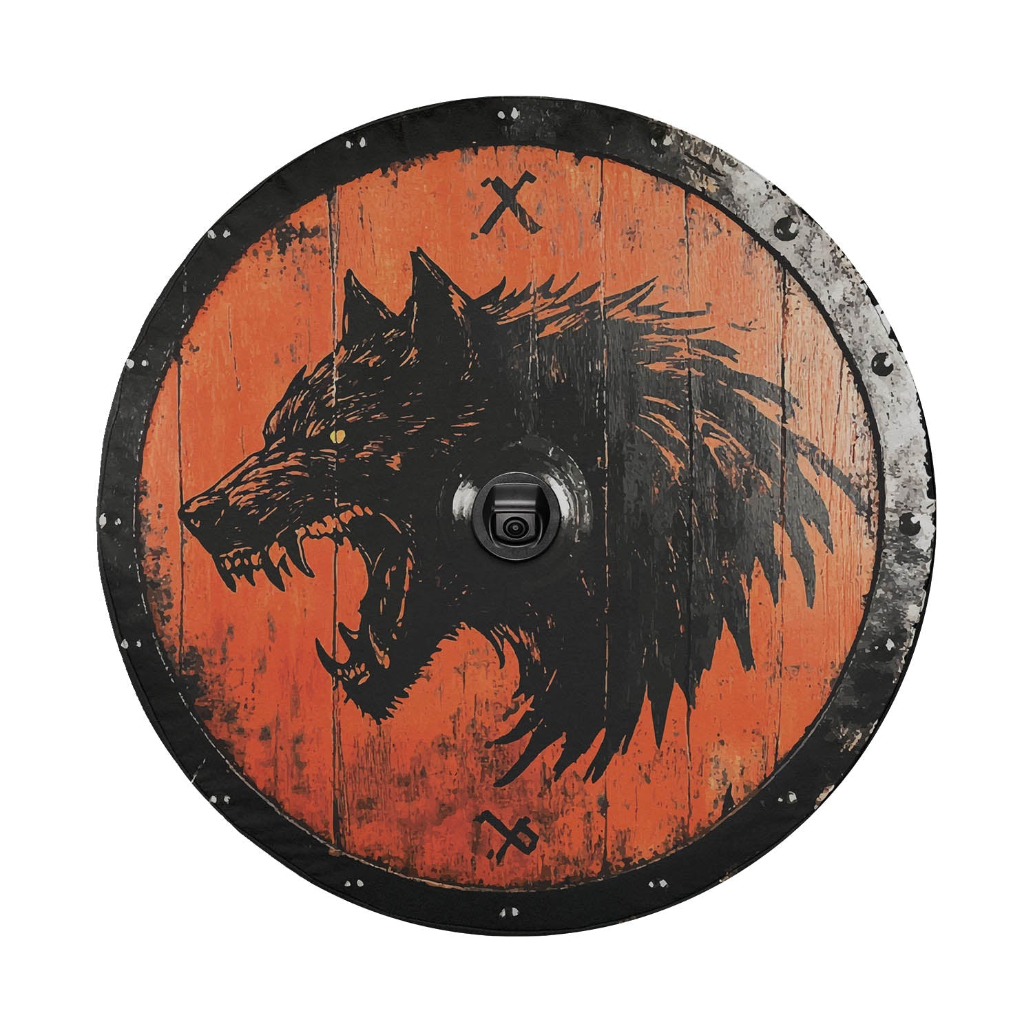 Round Fenrir wolf shield tire cover no camera hole orange weathered planks black ironwork edge