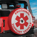 Emotional Support Vehicle rubber duck red star tire cover on red Jeep Wrangler with desert horizon