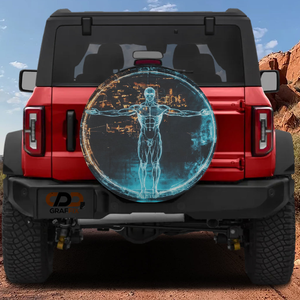 Modern Vitruvian Man spare tire cover closeup detail of blue digital figure artwork