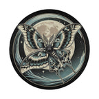 A detailed illustration of a butterfly with intricate patterns and designs, set against a night sky with a full moon and stars.