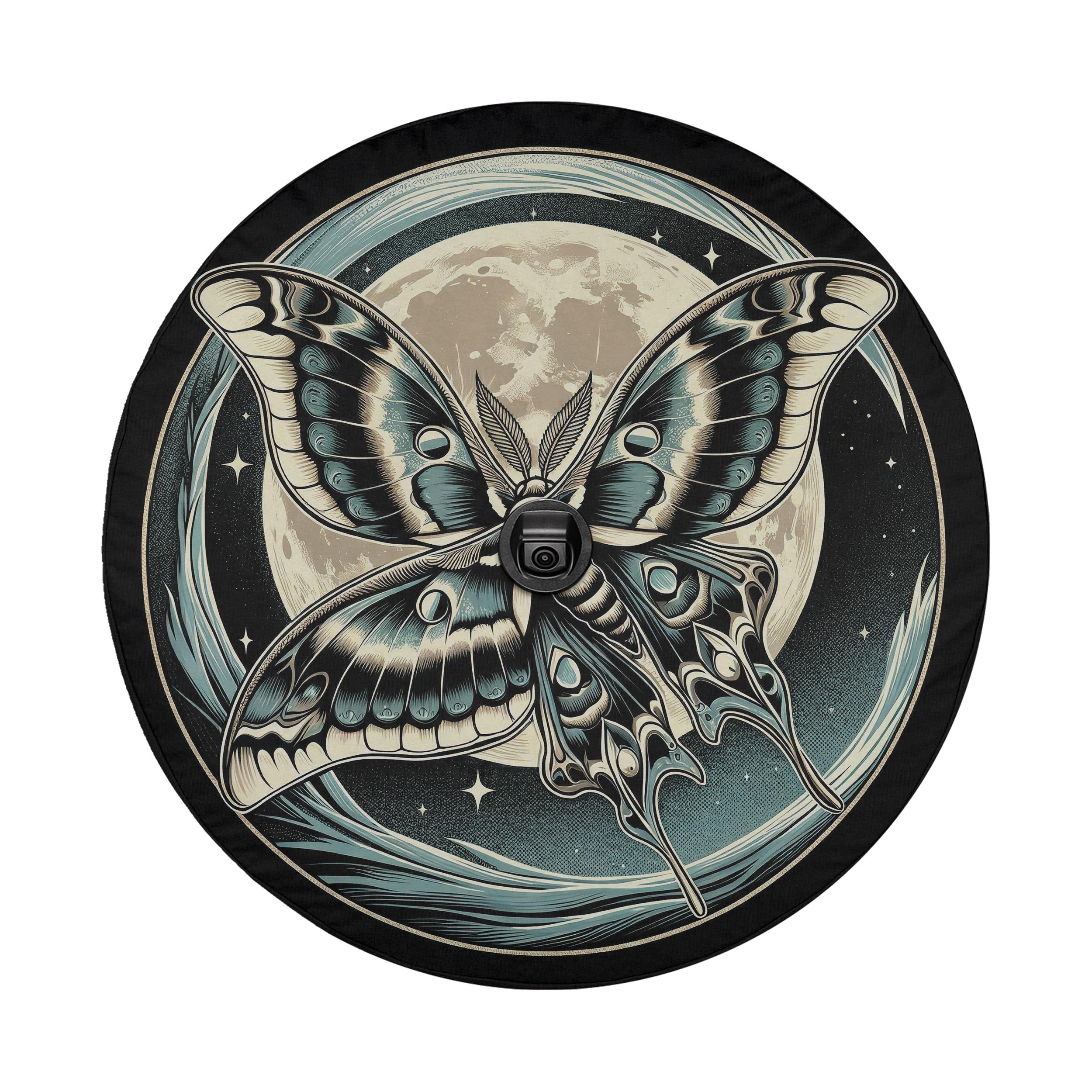 A detailed illustration of a butterfly with intricate patterns and designs, set against a night sky with a full moon and stars.