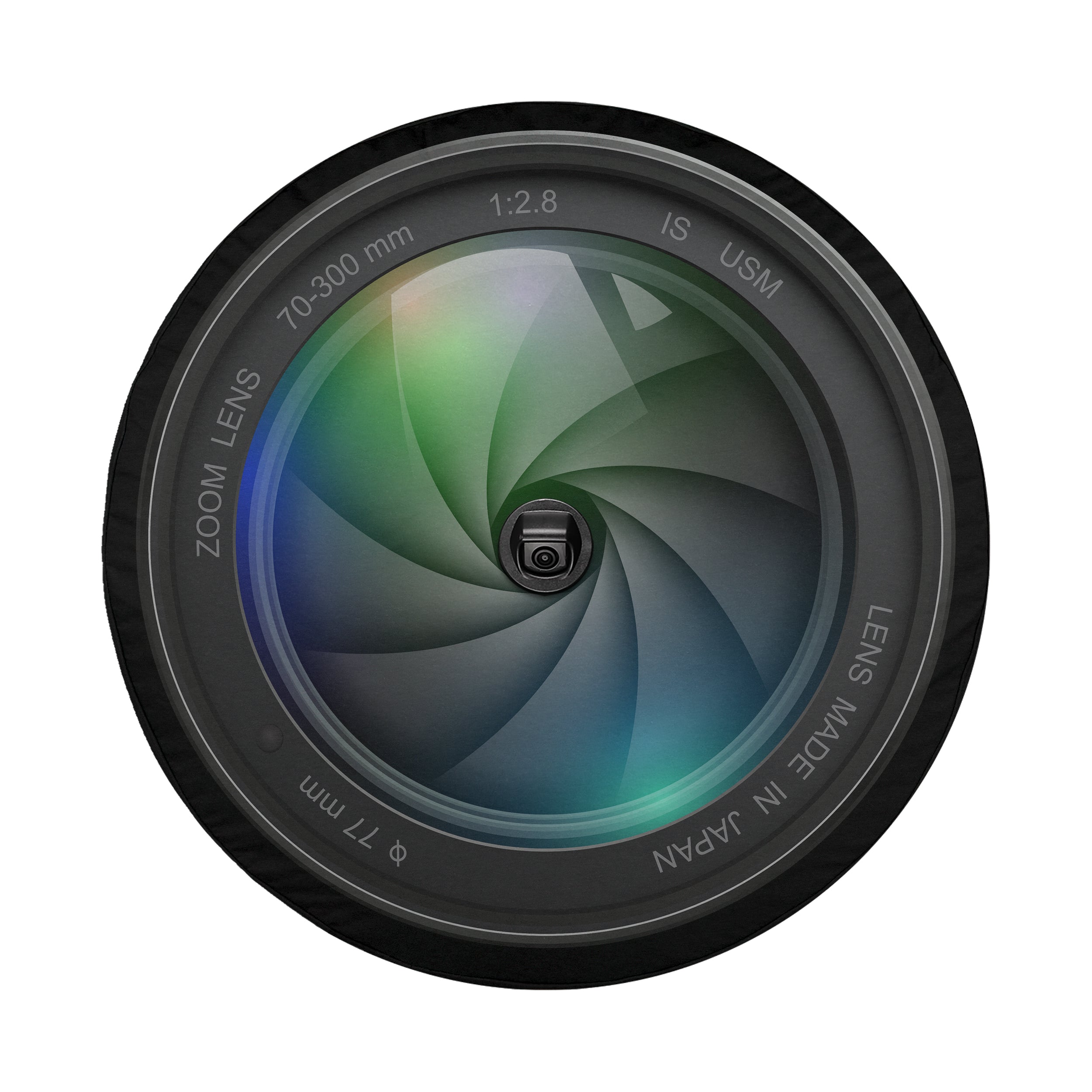 Realistic camera lens graphic spare tire cover detail with circular barrel and aperture design
