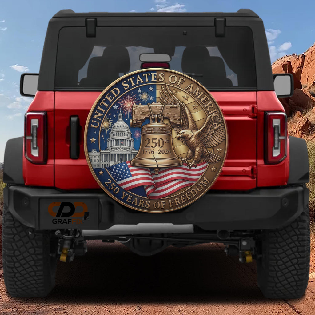 a red Jeep Wrangler with a large, circular emblem on the rear window that commemorates the 250th anniversary of the United States of America.