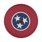 Tennessee state flag spare tire cover on black Jeep Wrangler with Graffix plate showing tri-star insignia