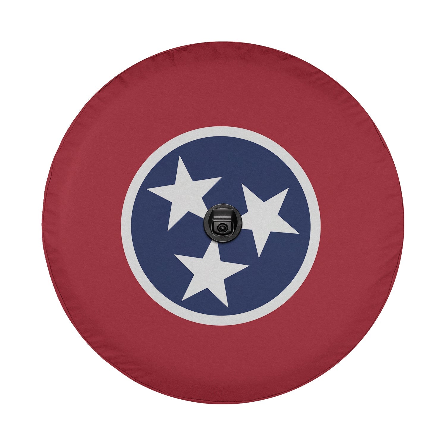Tennessee state flag spare tire cover on black Jeep Wrangler with Graffix plate showing tri-star insignia
