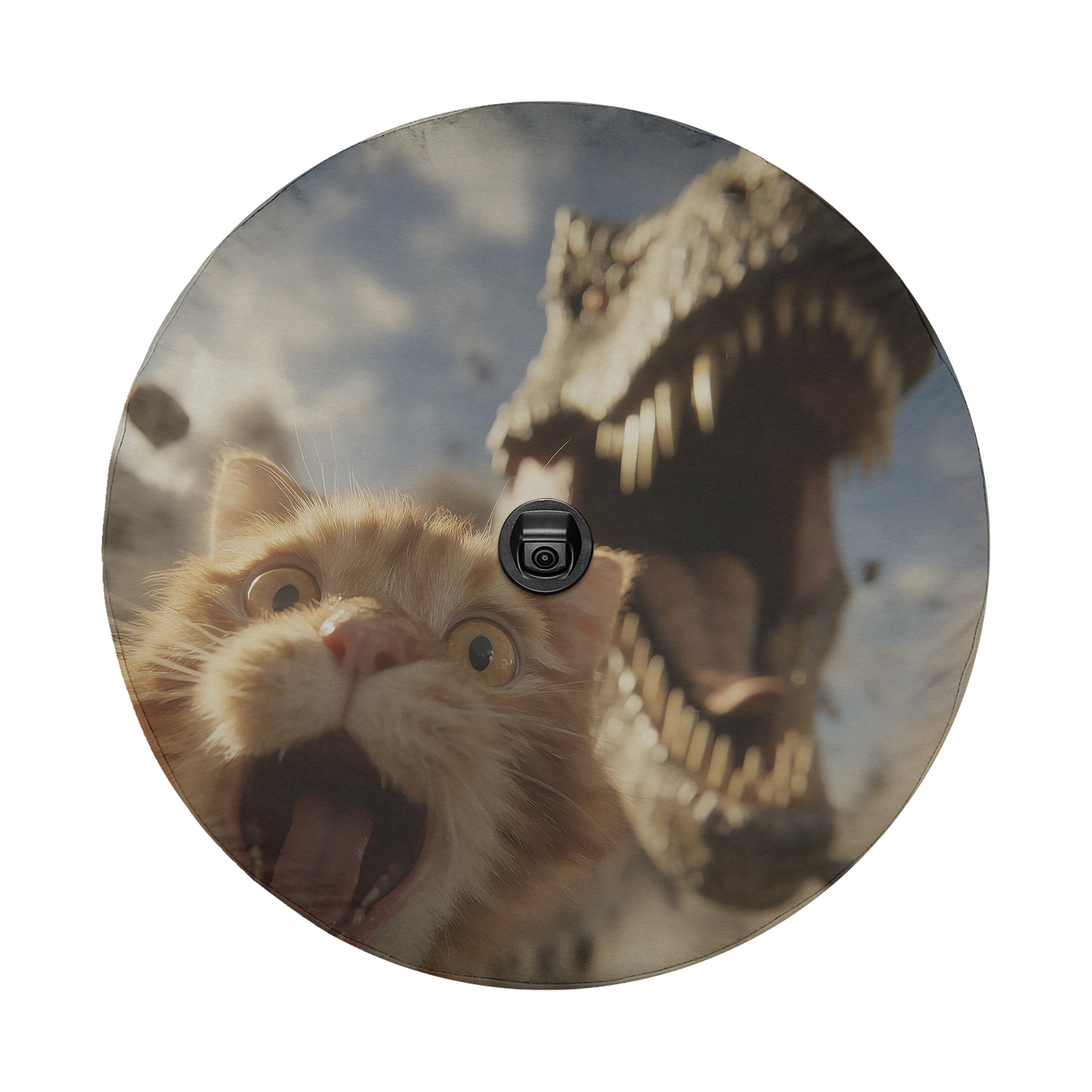 A close-up of a cat with wide-open eyes and an open mouth, appearing surprised or startled, with a large, menacing-looking dinosaur looming behind it.
