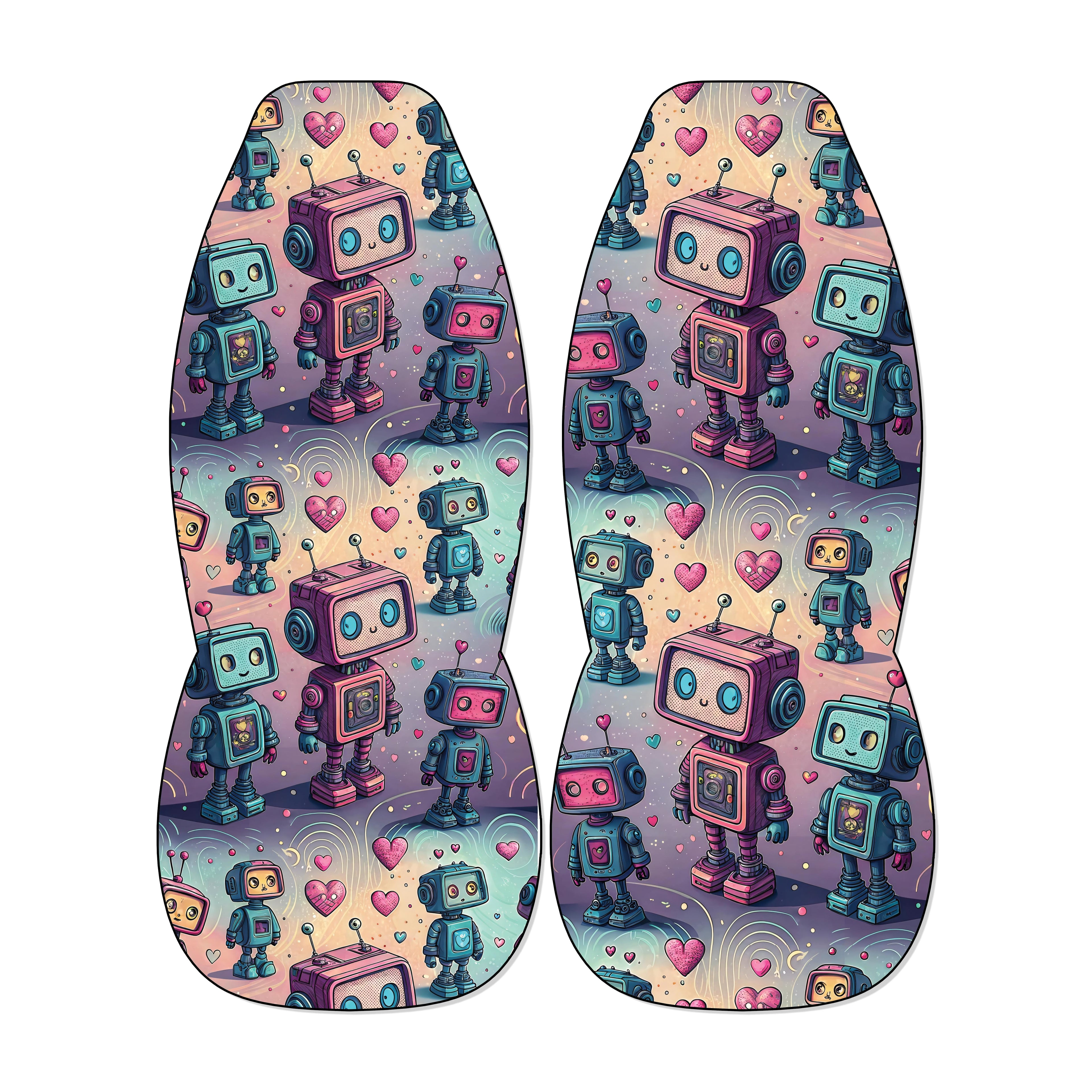 a pair of robot-themed slippers with a repeating pattern of colorful robot characters and hearts.