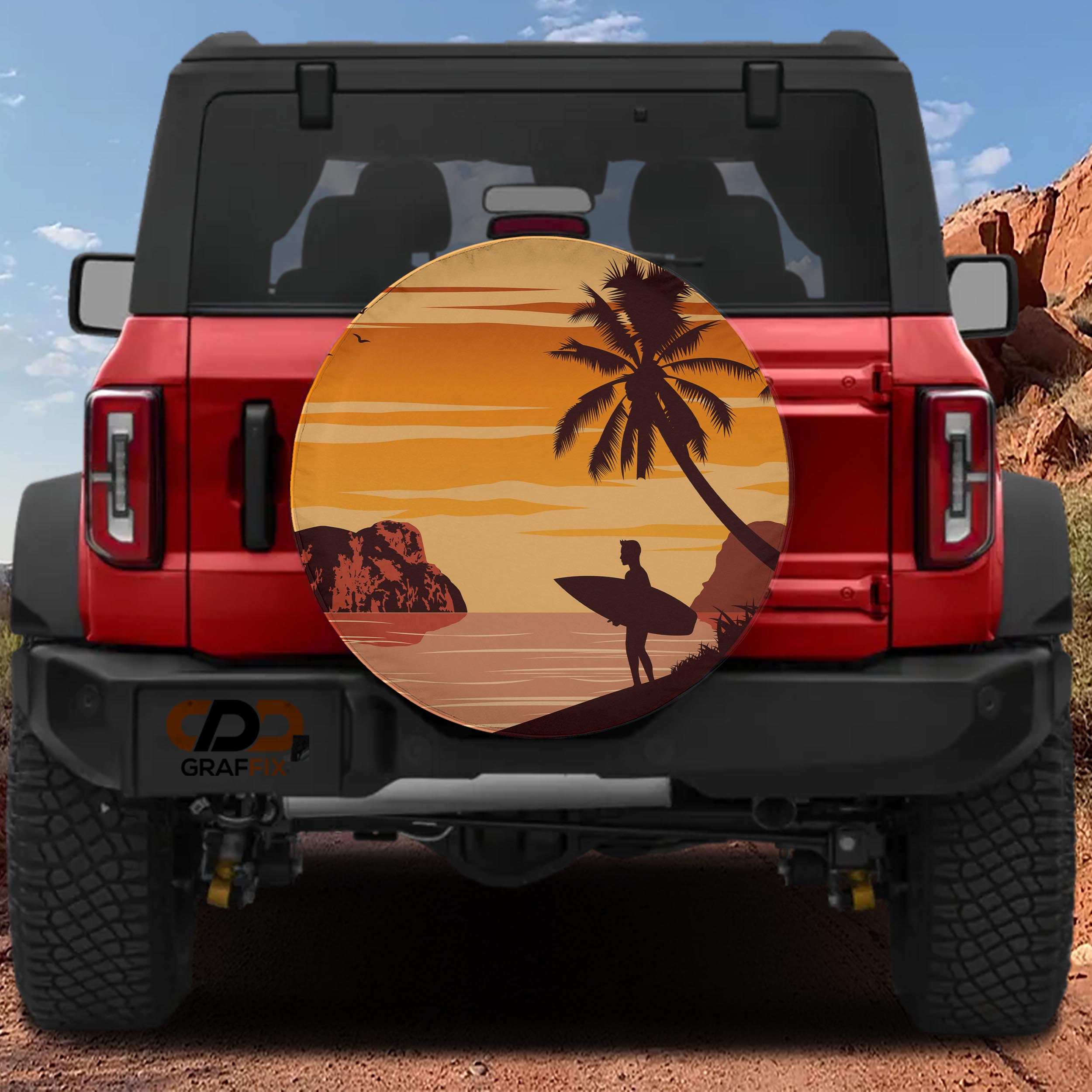 Sunset surfer tire cover front close-up showing tropical beach scene with palm tree and lone surfer silhouette