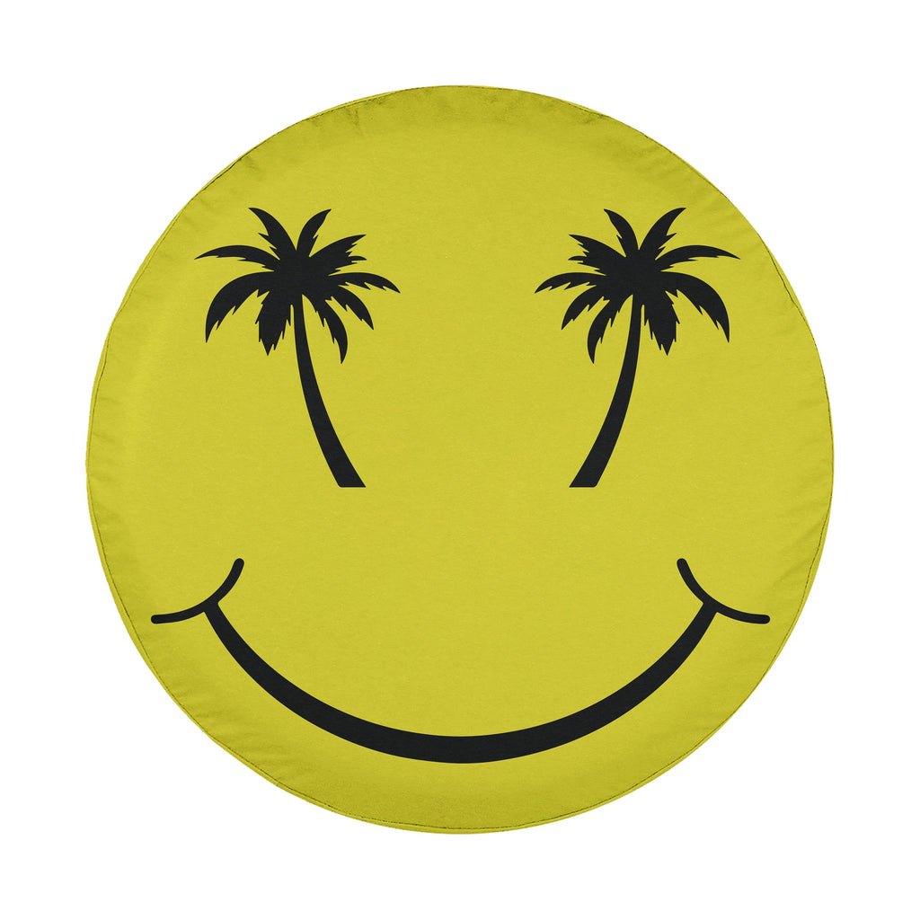 Palm Smiles tire cover on red Jeep Wrangler rear gate showing yellow happy face with palm tree eyes
