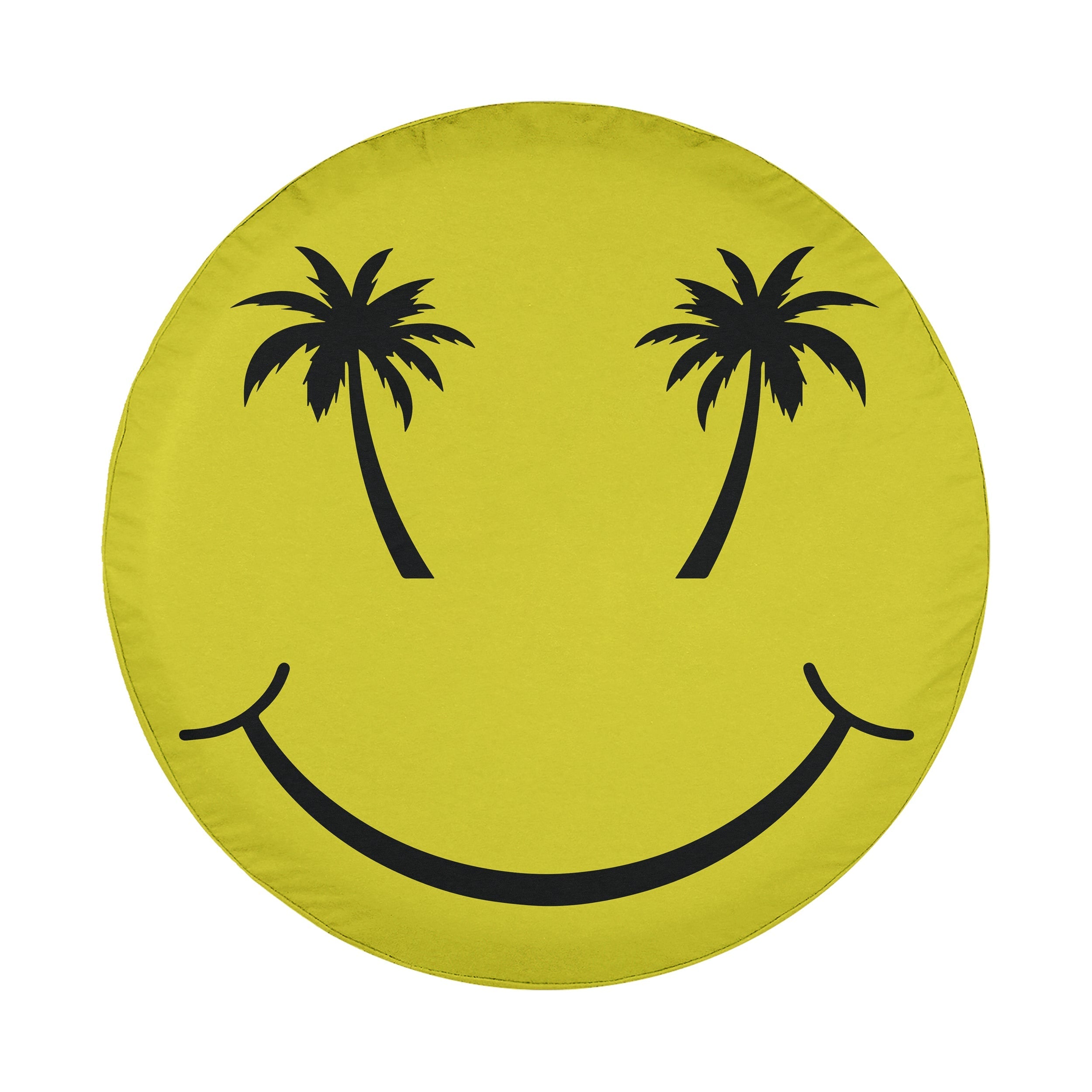 Palm Smiles tire cover on red Jeep Wrangler rear gate showing yellow happy face with palm tree eyes