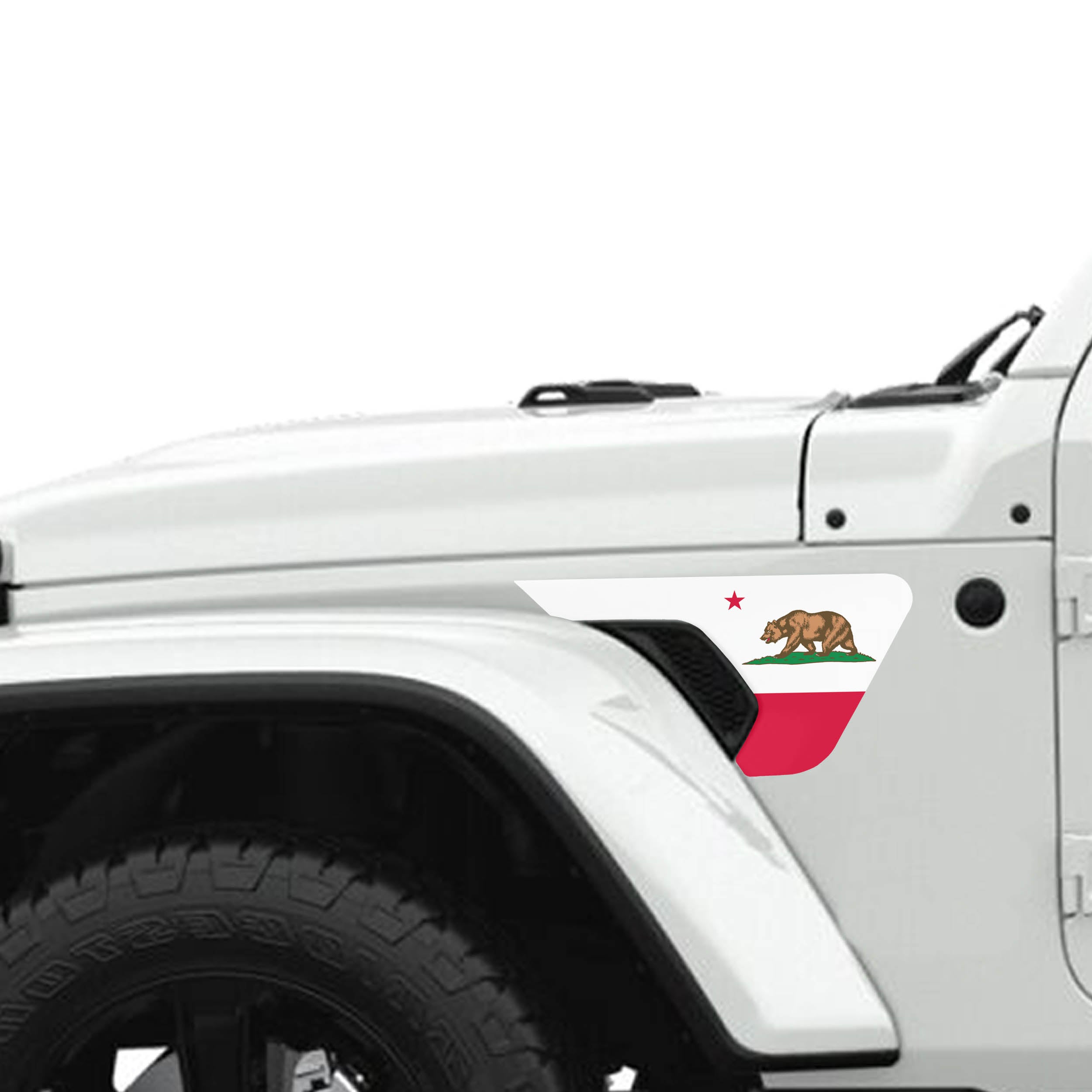 California state flag fender vent decal shown on Jeep Wrangler JL JT 2018 plus with color swatches