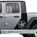 Black distressed Alfa Romeo star bodyside decal on silver Jeep Gladiator JT cab side panel